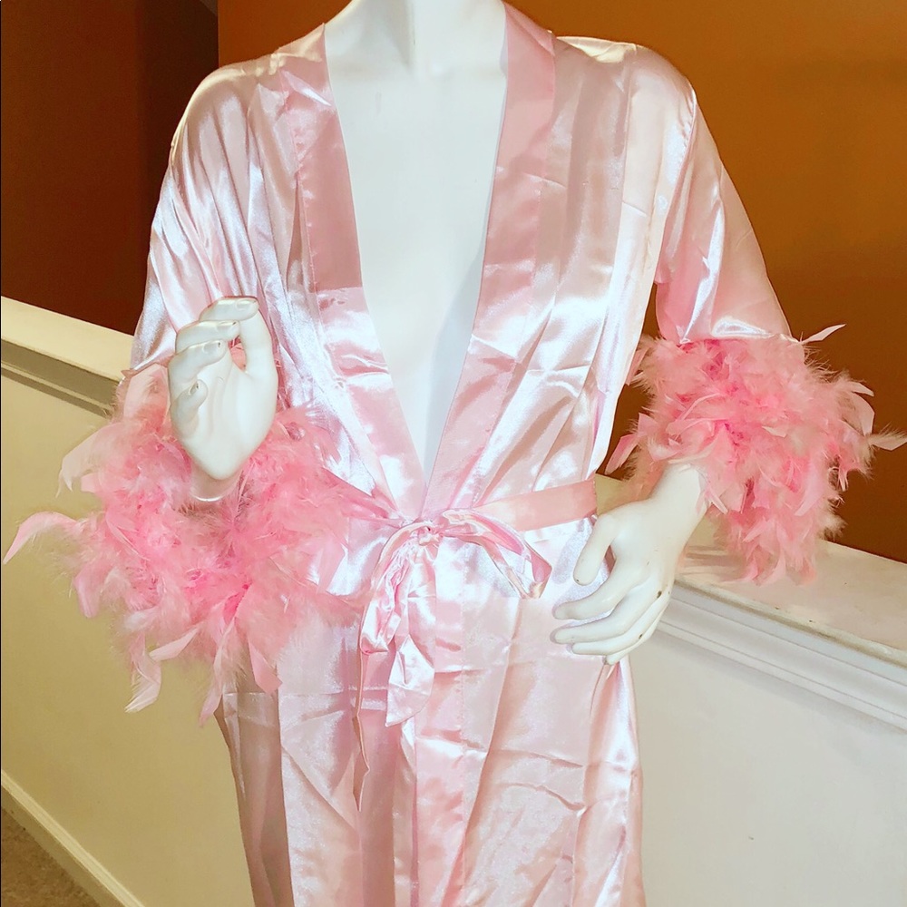 Pink Feather Trim Satin Robe - Picture 2 of 4